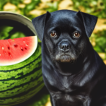 a black dog sitting next to a watermelon