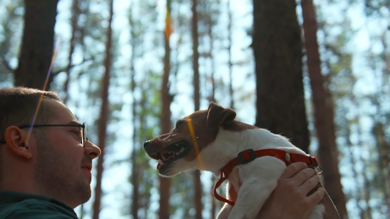 man in woods with dog